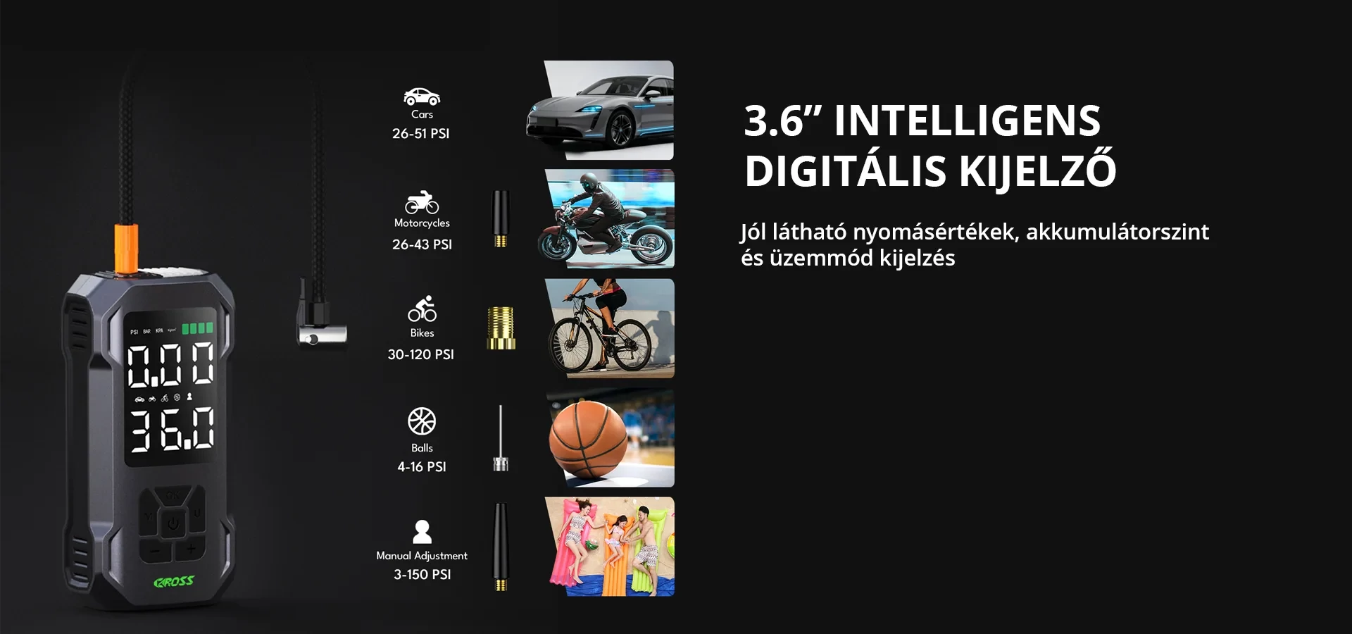 CAROSS USA Q15 Air Compressor hordozható pumpa + powerbank