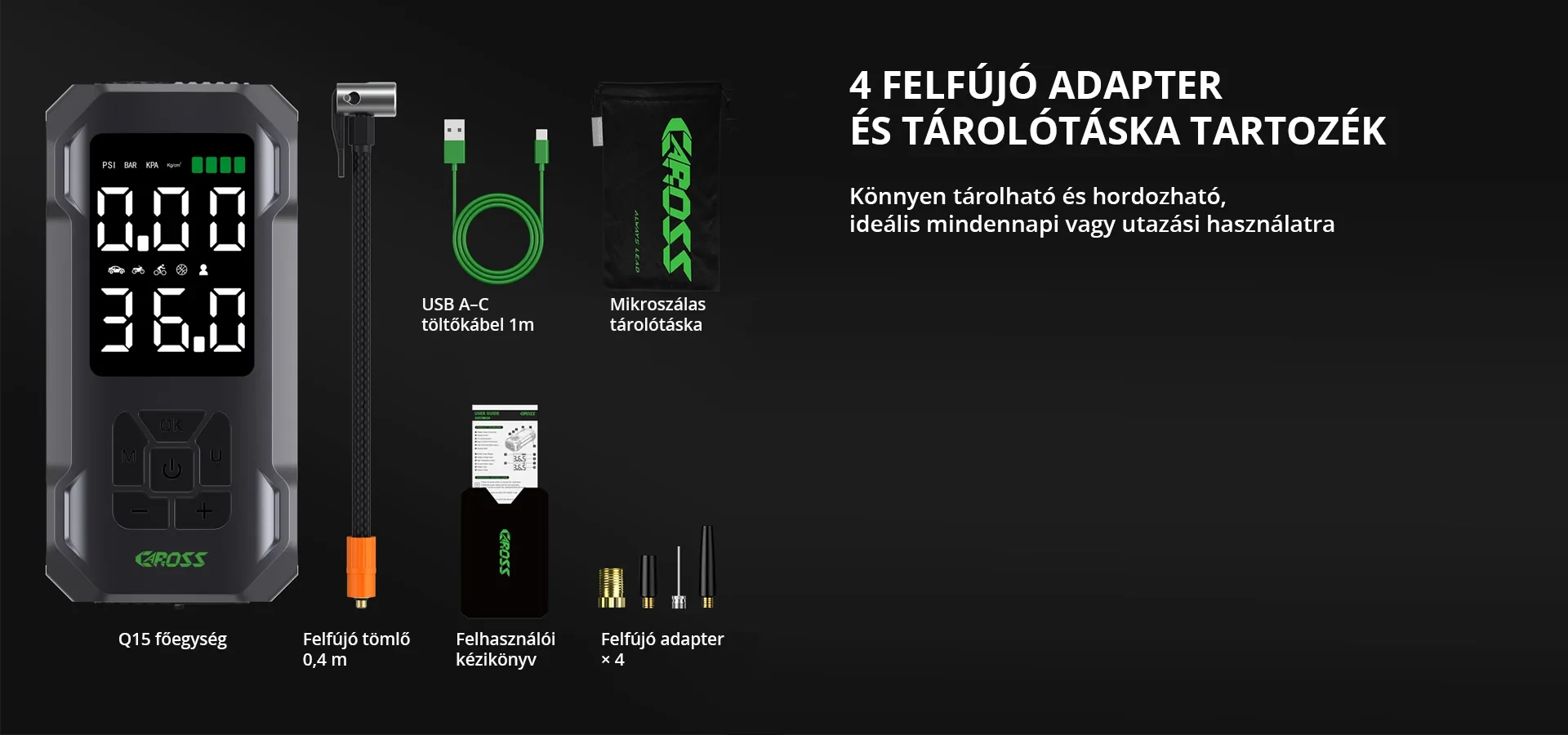 CAROSS USA Q15 Air Compressor hordozható pumpa + powerbank