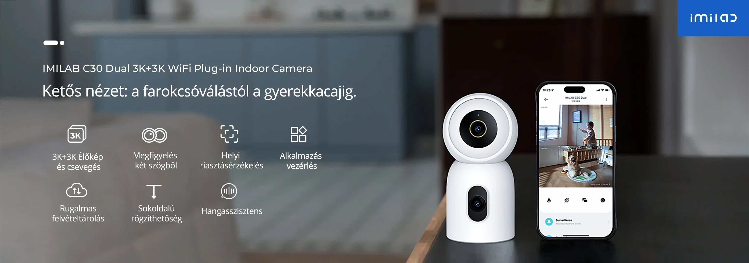 Imilab C30 Dual 3K+3K okos WiFi biztonsági kamera + hálózati adapter