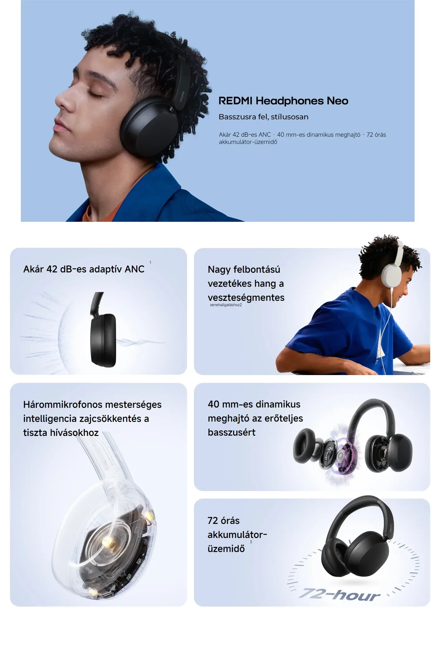 Redmi Headphones Neo sztereó Bluetooth fejhallgató aktív zajszűréssel