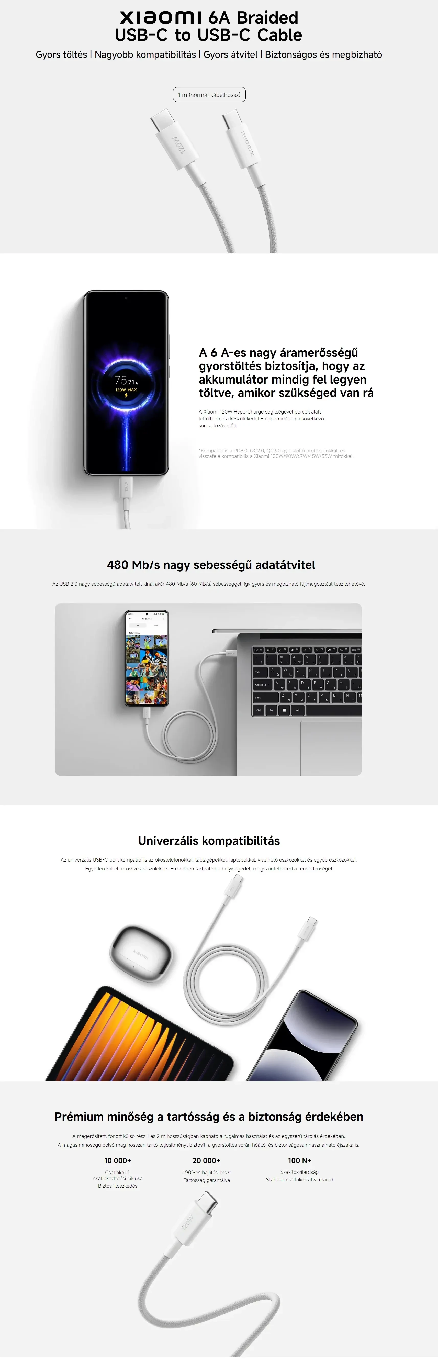 Xiaomi 6A Braided USB-C to USB-C Cable (1m) USB kábel
